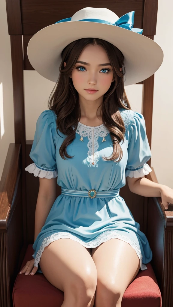 A beautiful woman with blue eyes and brown hair, vestida con un elegante vestido blanco y un sombrero con flores. She is sitting on a red chair and has a blue bow on her hat..