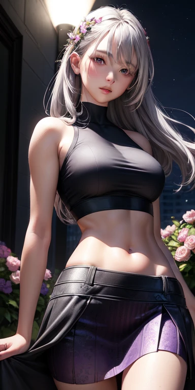 Realistic, One girl, Gray Hair, Purple eyes, Glowing Eyes, Crop top, skirt, Lips parted, blush, night, Flowers, sun, sunlight,