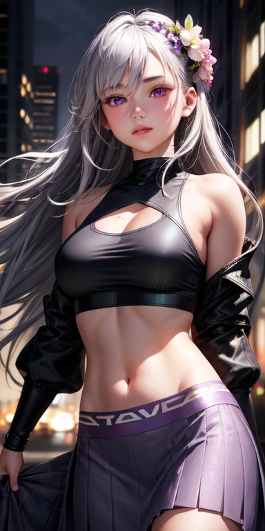 Realistic, One girl, Gray Hair, Purple eyes, Glowing Eyes, Crop top, skirt, Lips parted, blush, night, Flowers, sun, sunlight,