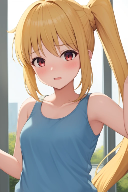 (masterpiece, highest quality:1.2), Blonde girl with red eyes,
 Side Ponytail, Full Bang,tank top,jumping
,Embarrassed, School, 
Super detaileded, highest quality, Expressive eyes, Perfect Face, super high quality, Super detailed