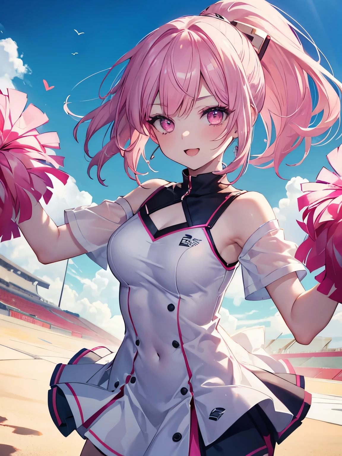 masutepiece, Highest Quality, (Perfect face:1.1), (high detailing:1.1), (ultradetailed eyes), Dramatic, superfine illustration, Extremely detailed,1girl in, ager,(pale skin), Happy, Laugh, Enjoy, pinkhair, ponytail,gloweyes,pink eyes,Ethereal eyes, with heart-shaped eyes,wink,open mouth,smile,Solo,Pouty lips,Cinematic lighting,cowboy shot,looking at viewer, cheerleader,outdoor,bluesky,sunny