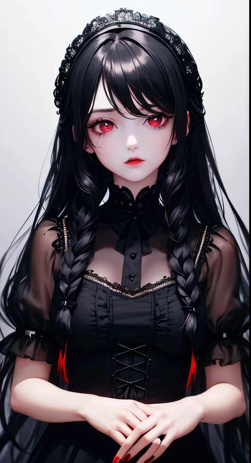 1 girl, Depp's Sense,confused,catch light,Super beautiful illustration,,(black color,long hairstyles:1.3),dark dark eyeshadow, bright red lipstick, Gothic ta,;d, beautiful and delicate hair,delicate and detailed red eyes,blue shining light effect, white hair