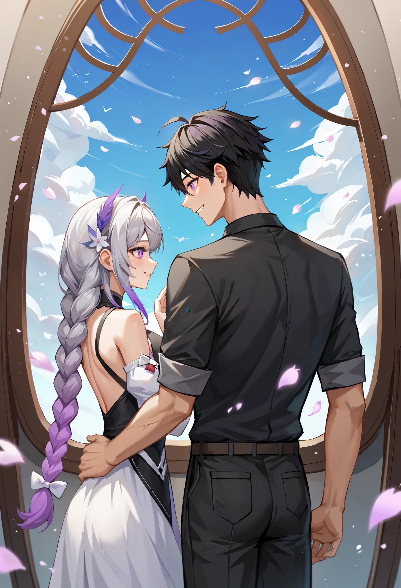 score_9,score_8_up,score_7_up,a picture of a couple,back to back, surrounding by sakura,many petals flying, 1girl and 1male, smile,yinji,1girl,delicate face,(twin braids),purple_hair,purple_eyes,very_long_hair,grey_hair,braided_ponytail,gradient_hair,BREAK 1male,( black hair,short hair:1.3), shirt,(Red pupils),