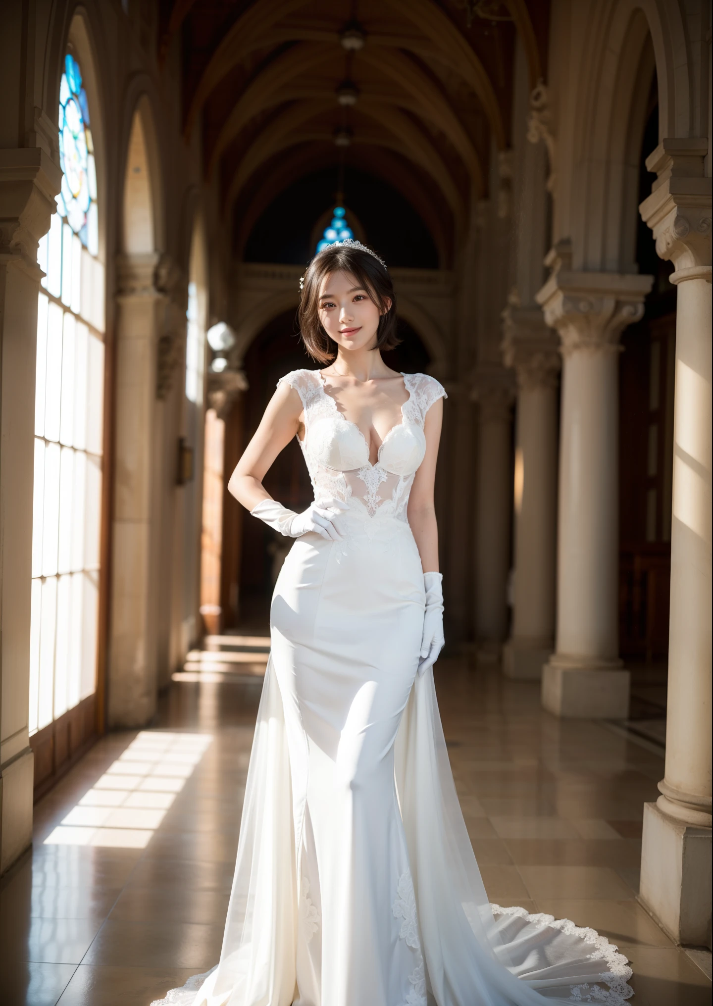 Beautiful 25 year old woman。She is wearing a wedding dress and white gloves. She is smiling on illuminated by the evening church lights on the romantic sunset time. her dark brown short length hair. High resolution、masterpiece、highest quality、頭w:1.0、((Hasselblad Photos))、fine skin、(movie lighting)、clavicle . full body picture.