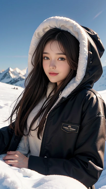 20-year-old woman, semi-long, Brown Hair, Blue Eyes, Fur jacket, Wear the hood deeply, Natural skin texture, Cold regions, High Contrast, Mountain dogs, nice smile, uniform