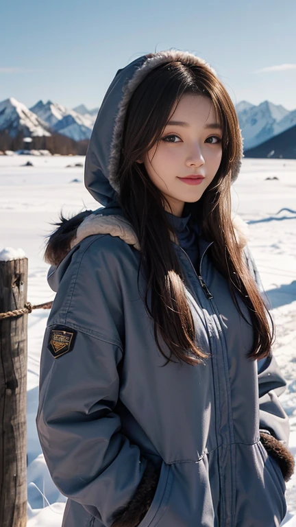 20-year-old woman, semi-long, Brown Hair, Blue Eyes, Fur jacket, Wear the hood deeply, Natural skin texture, Cold regions, High Contrast, Mountain dogs, nice smile, uniform