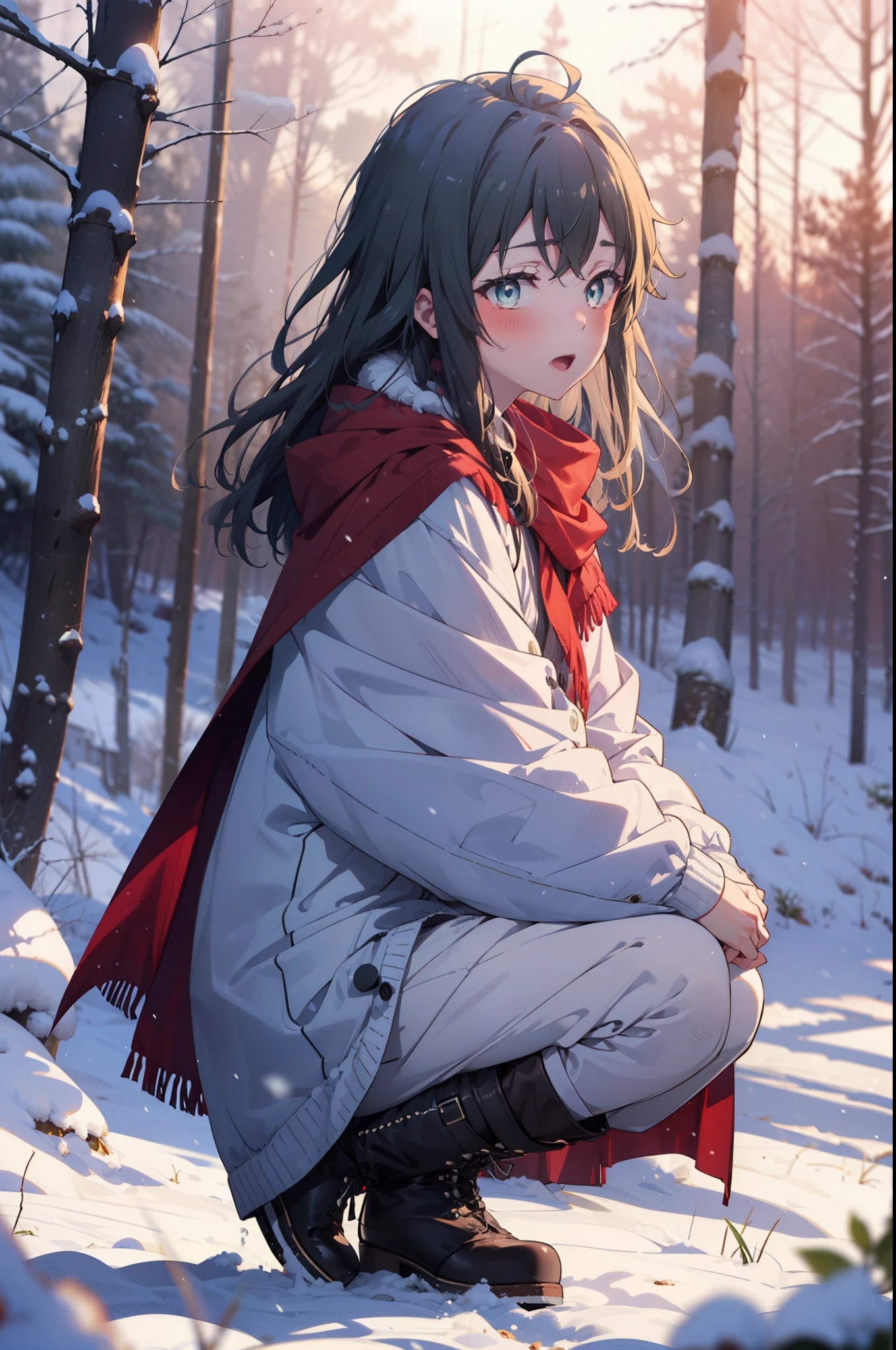 yukinoyukinoshita, yukino yukinoshita, Black Hair, blue eyes, Long Hair, Ahoge,smile,blush,White Breath,
Open your mouth,snow,Ground bonfire, Outdoor, boots, snowing, From the side, wood, suitcase, Cape, Blurred, Increase your meals, forest, White handbag, nature,  Squat, Mouth closed, フードed Cape, winter, Written boundary depth, Black shoes, red Cape break looking at viewer, Upper Body, whole body, break Outdoor, forest, nature, break (masterpiece:1.2), highest quality, High resolution, unity 8k wallpaper, (shape:0.8), (Beautiful and beautiful eyes:1.6), Highly detailed face, Perfect lighting, Highly detailed CG, (Perfect hands, Perfect Anatomy),