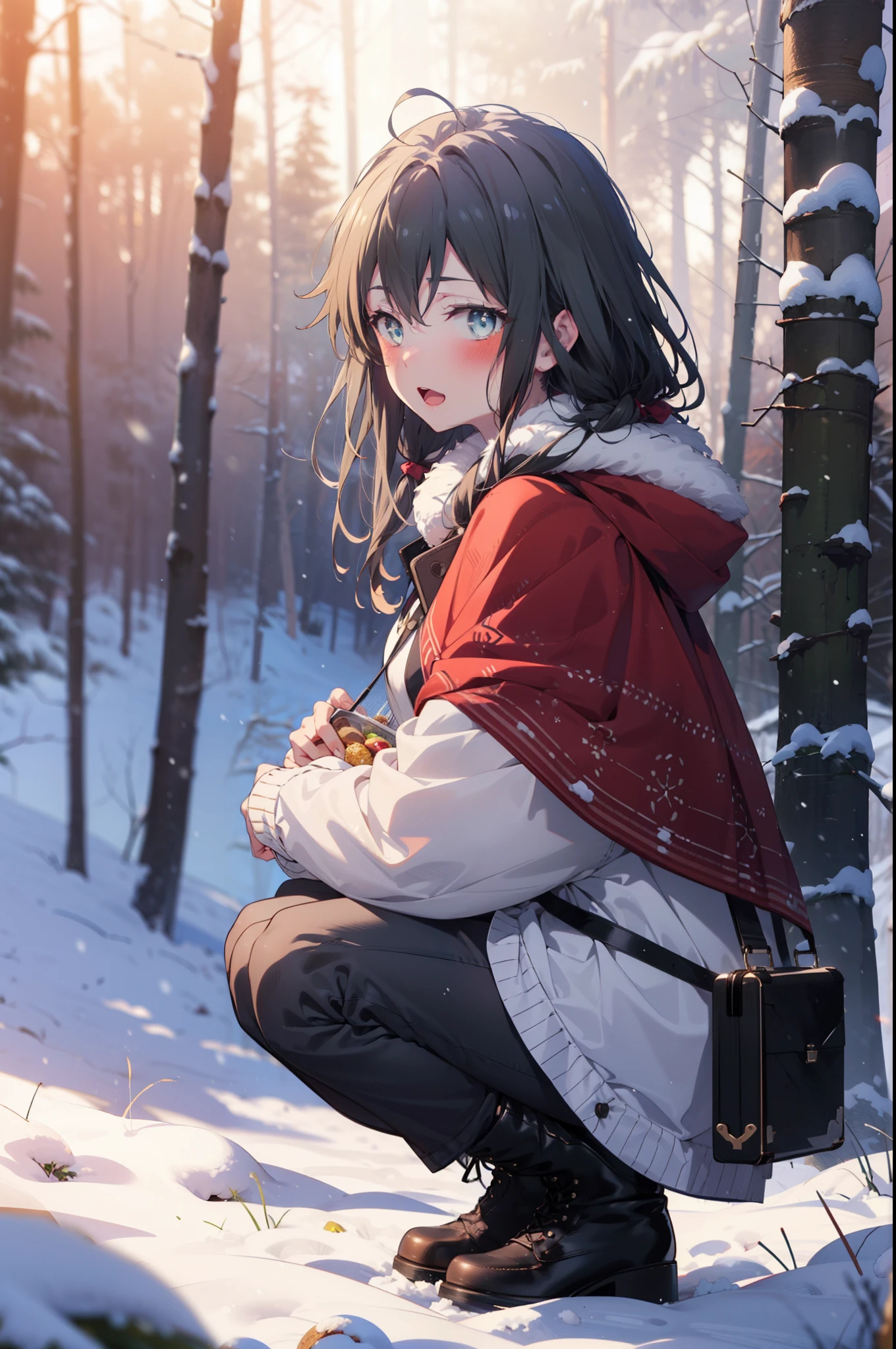 yukinoyukinoshita, yukino yukinoshita, Black Hair, blue eyes, Long Hair, Ahoge,smile,blush,White Breath,
Open your mouth,snow,Ground bonfire, Outdoor, boots, snowing, From the side, wood, suitcase, Cape, Blurred, Increase your meals, forest, White handbag, nature,  Squat, Mouth closed, フードed Cape, winter, Written boundary depth, Black shoes, red Cape break looking at viewer, Upper Body, whole body, break Outdoor, forest, nature, break (masterpiece:1.2), highest quality, High resolution, unity 8k wallpaper, (shape:0.8), (Beautiful and beautiful eyes:1.6), Highly detailed face, Perfect lighting, Highly detailed CG, (Perfect hands, Perfect Anatomy),