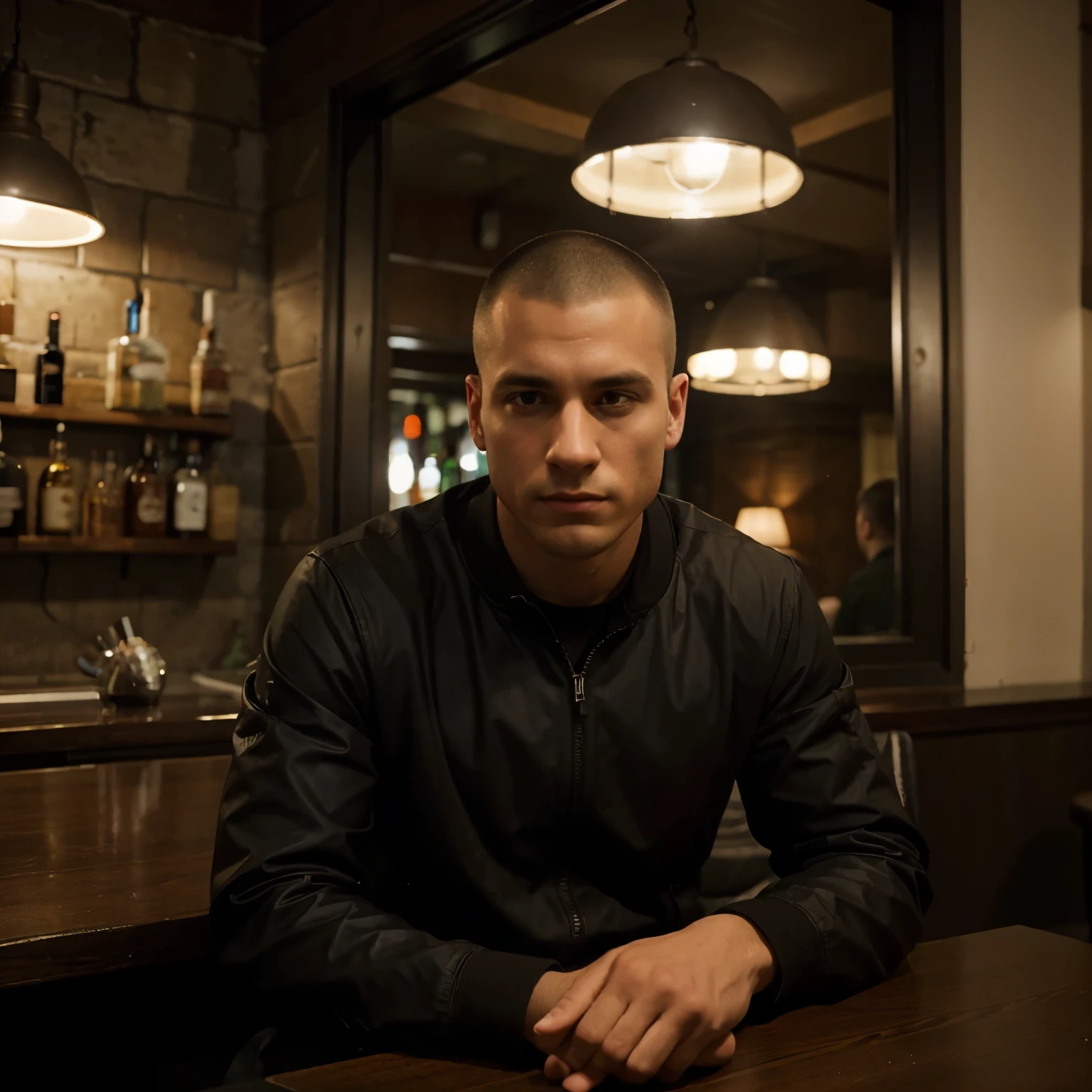 An introverted man in his mid-twenties sits alone at a corner table in a dimly lit bar. He has a military-style buzz cut, reflecting his preference for low-maintenance grooming. Dressed in a black jacket, he keeps it zipped up, giving off an air of self-containment. He wears a plain black shirt underneath, neatly tucked in. Despite the casual attire, his posture suggests a reserved demeanor, with his shoulders slightly hunched forward and his gaze focused downward. His surroundings are filled with the ambient noise of the bar, but he seems detached, lost in his own thoughts. The soft glow of the lights casts subtle shadows on his face, emphasizing his solitude in the crowded space. Despite being alone, there's a sense of calm and self-assuredness about him, as if he's content in his own company.