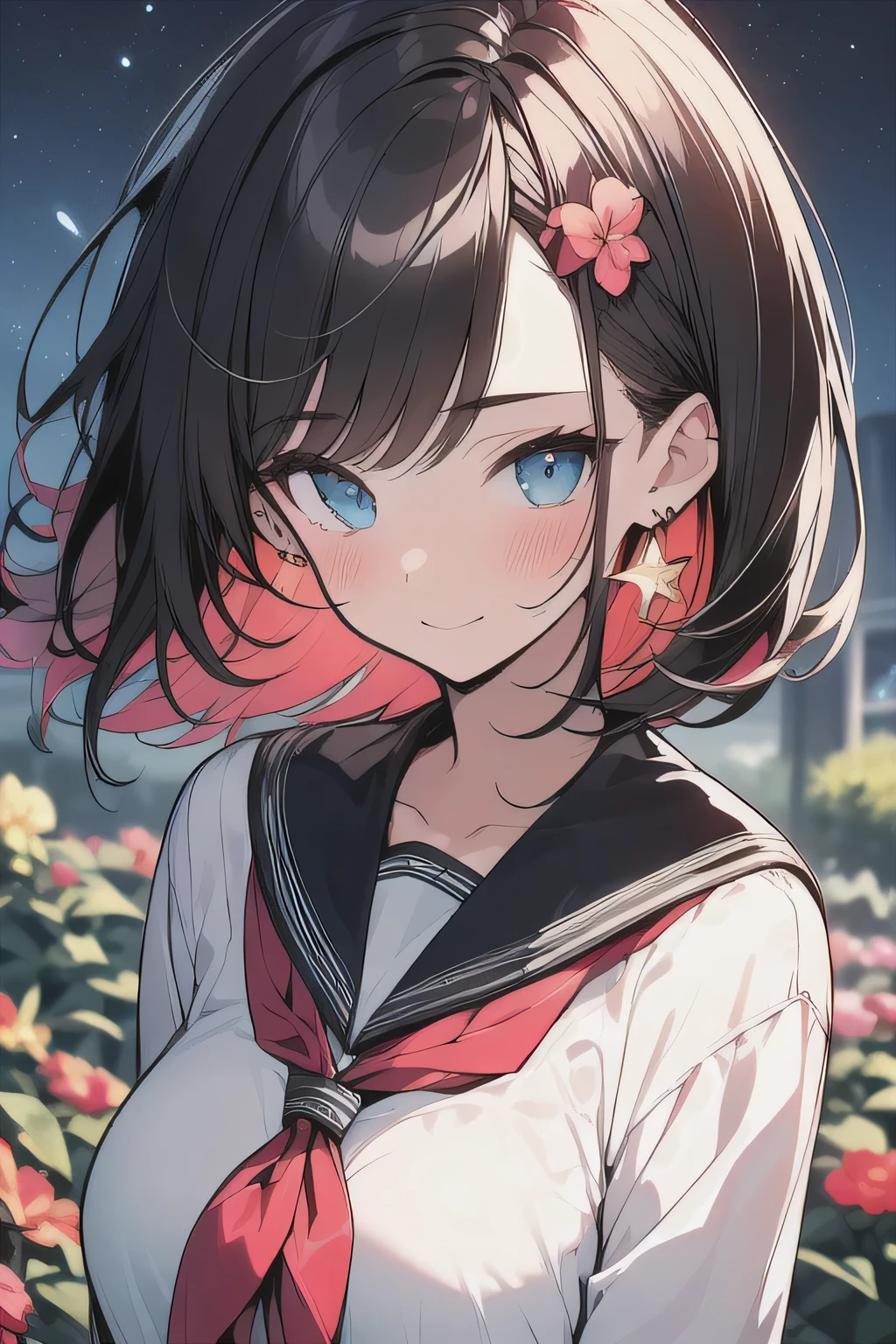 (best quality), (Super detailed), (Best Illustration), (masterpiece), score_9, score_8_up, score_7_up, 4k, high contrast,
upper body, (1woman), (solo:1.2),
{(white serafuku)}, (large breasts:1.2),
{dark brown hair, (sideburns), (bob cut:1.3), curly hair, hairs between eyes, colored inner hair}, {(detailed eyes), blue eyes}, earring,
light smile, blush,
wind, (flower garden:1.2), night, star(sky),