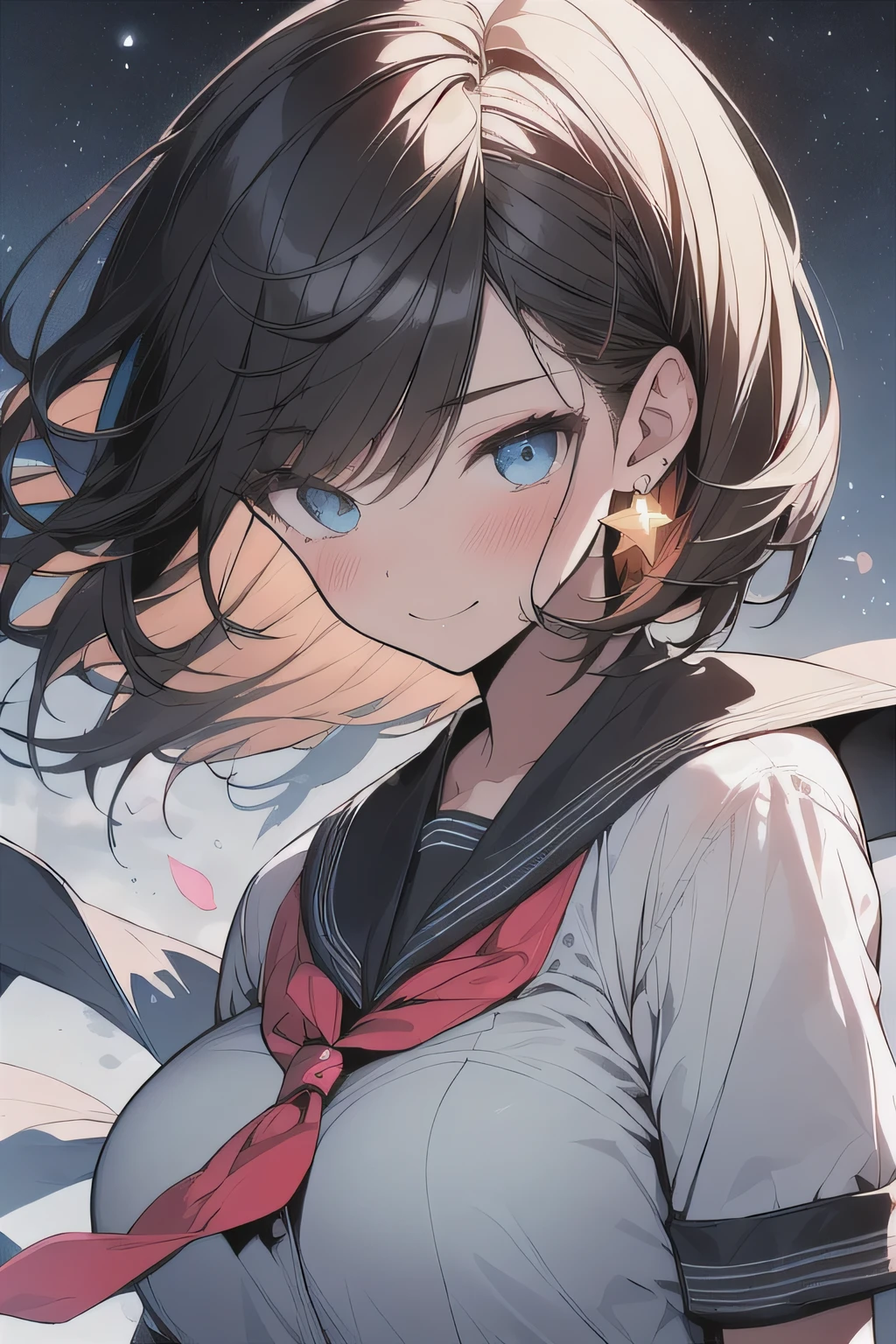 (best quality), (Super detailed), (Best Illustration), (masterpiece), score_9, score_8_up, score_7_up, 4k, high contrast,
upper body, (1woman), (solo:1.2),
{(white serafuku)}, (large breasts:1.2),
{dark brown hair, (sideburns), (bob cut:1.3), curly hair, hairs between eyes, colored inner hair}, {(detailed eyes), blue eyes}, earring,
light smile, blush,
wind, (flower garden:1.2), night, star(sky),
