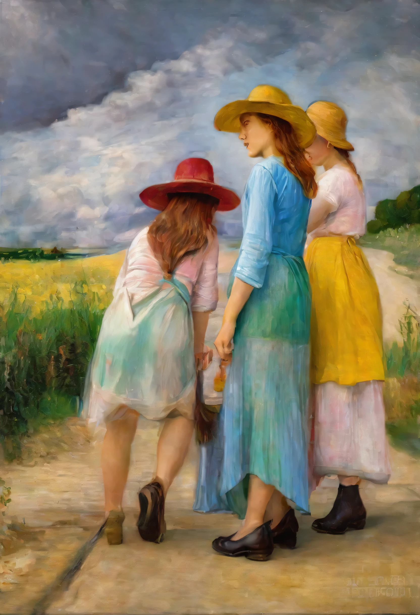 oil painting of Three girls, dressed in hat and colorful clothes, realistic,  (best quality,4k,8k,highres,masterpiece:1.2),ultra-detailed,1.37),HDR,UHD,studio lighting,ultra-fine painting,sharp focus,physically-based rendering,extreme detail description,professional,vivid colors,bokeh,portraits, style van gogh,renoir,leonardo da vinci, chirico,