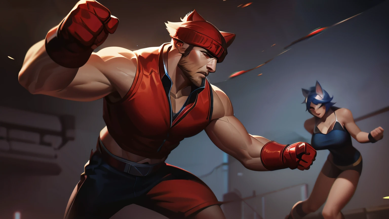 splash art punching league of legends style male sett heartsteel, muscular man leather vest with cur collar, red short hair with beanie and cat ears, street wear figerless leather gloves