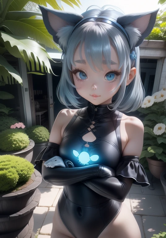 girl、、Bink、leotard、whole body。blue eyes、Gray Hair、functional、Seductive pose、front、noon、Outdoor、garden、Beach、No cat ears。