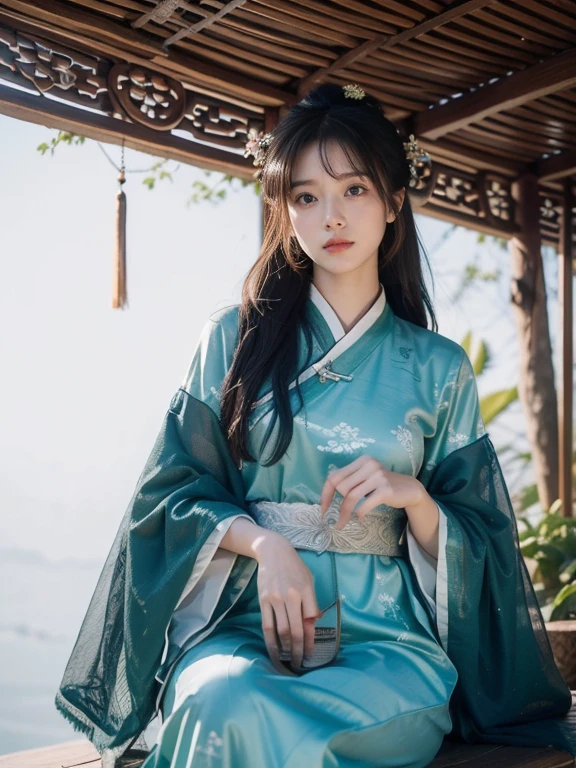 Ancient Chinese beauty lying on a tree trunk、Dressed in flowing tulle、Lightweight yarn、Graceful appearance、Chinese ancient clothing、lazy posture、Wicker Swing、Ink painting style、blank、free-hand、Blue-green、masterpiece、Ultra dense、narrative poetry synthesis、high resolution、highest quality、4k
