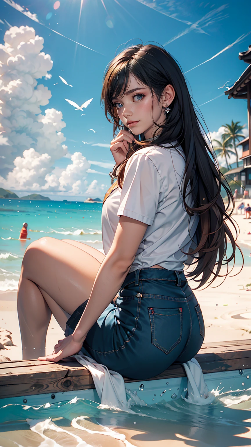 ((最high quality, 8k, masterpiece: 1.3, Ultra HD, high quality, 最high quality, High resolution, realism)) 、Beautiful 18 year old Caucasian female、Hair color is black、Iridium Hair、Hair is wavy、smile、I want to keep my head out of the screen.、sit on a high breakwater on the beach、The blue sky is beautiful、There is a cloud at the entrance、that'summer、I'm wearing a sailor suit、Wearing a navy blue pleated skirt、Wear loafers、There is a road in front of the breakwater.、There is a sign indicating the bus stop.、The sea is beautiful、Beautiful Horizon、An island can be seen offshore