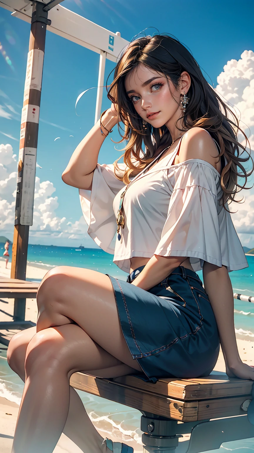 ((最high quality, 8k, masterpiece: 1.3, Ultra HD, high quality, 最high quality, High resolution, realism)) 、Beautiful 18 year old Caucasian female、Hair color is black、Iridium Hair、Hair is wavy、smile、I want to keep my head out of the screen.、sit on a high breakwater on the beach、The blue sky is beautiful、There is a cloud at the entrance、that'summer、I'm wearing a sailor suit、Wearing a navy blue pleated skirt、Wear loafers、There is a road in front of the breakwater.、There is a sign indicating the bus stop.、The sea is beautiful、Beautiful Horizon、An island can be seen offshore