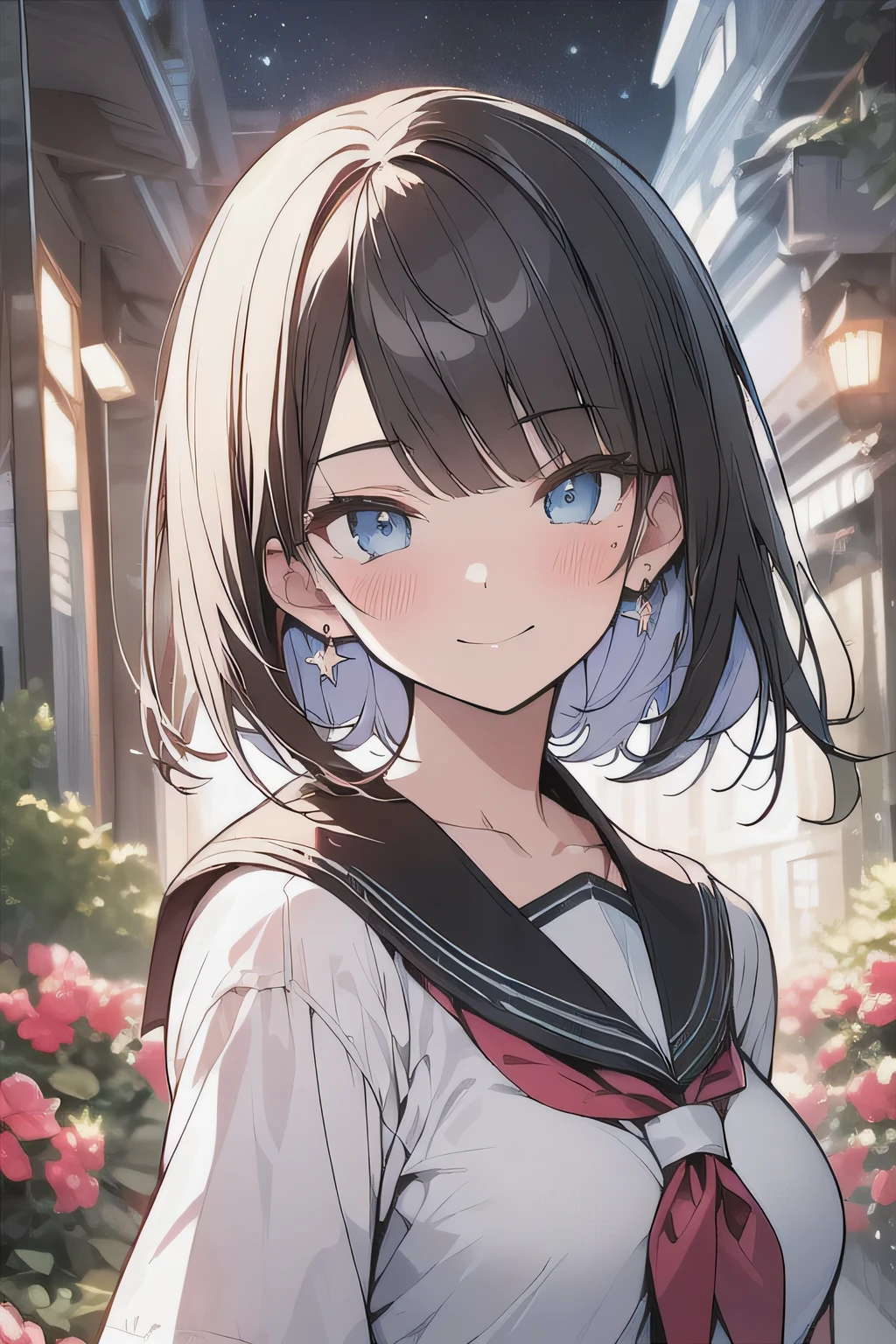 (best quality), (Super detailed), (Best Illustration), (masterpiece), score_9, score_8_up, score_7_up, 4k, high contrast,
upper body, (1woman), (solo:1.2),
{(white serafuku)}, (large breasts:1.2),
{dark brown hair, (sideburns), (bob cut:1.3), curly hair, hairs between eyes, colored inner hair}, {(detailed eyes), blue eyes}, earring,
light smile, blush,
wind, (flower garden:1.2), night, star(sky),
