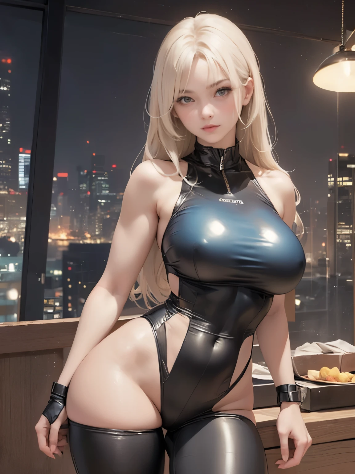 skin completely covered by clothing, high detail, Perfect body with golden ratio, wearing (tight shirt:1.2), beautiful detailed face, hazel eyes, (attractive fitness woman:1.3), (seductive:1.1), (blushing:1.1), hourglass body shape, complete shiny blue latex top model swimsuit, very big round