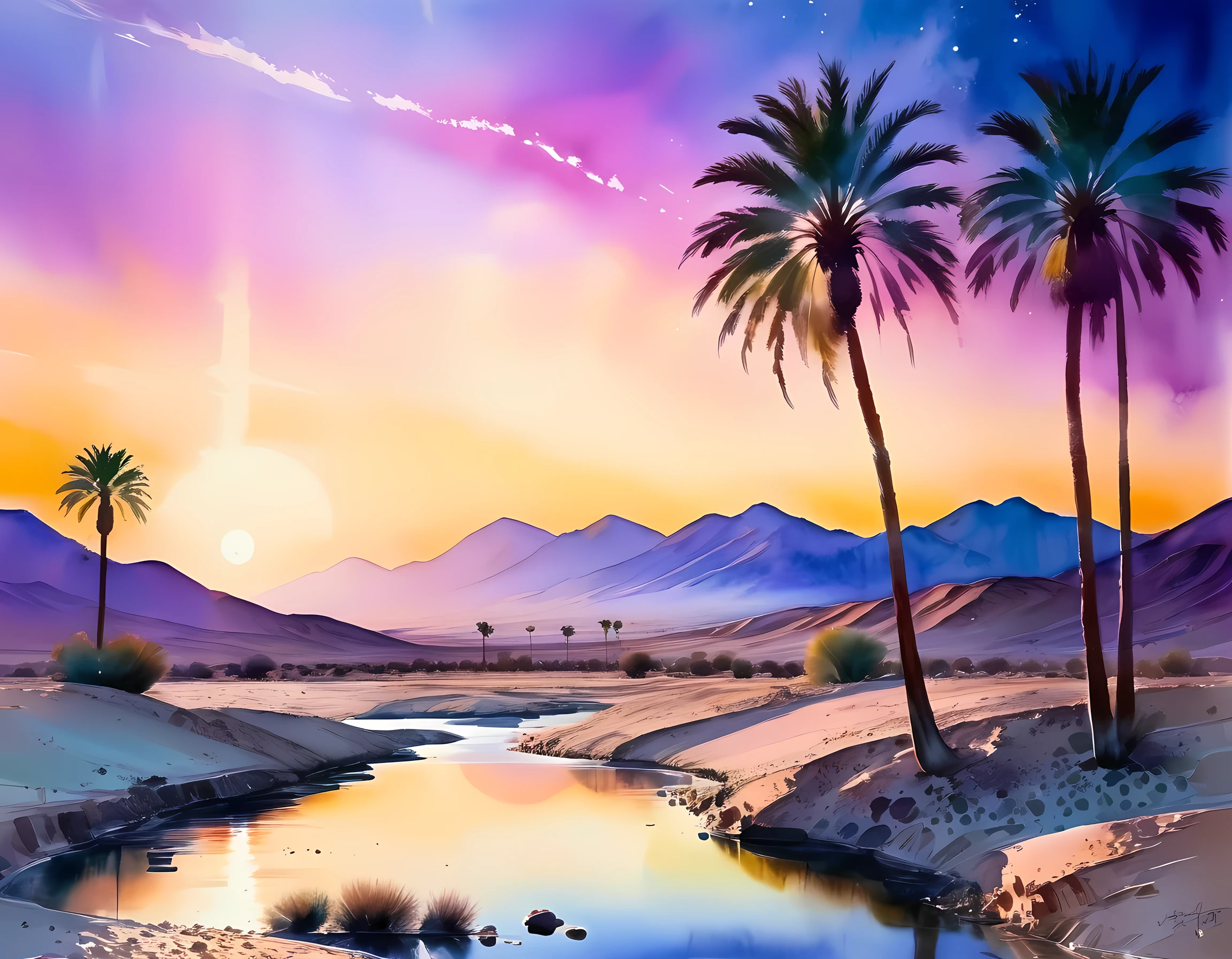 traditional watercolor painting (water color art: 1.5), an award wining, water color art, of an oasis (masterpiece, best detailed, best quality: 1.4) in the desert at sunset, there are some palm trees, and a small spring of water  (masterpiece, best detailed, best quality: 1.4), it is the time between night and day, there are some stars in the sky, and the sun is about to rise, the sky are in shades of, night, yellow and purple, first sun rays of dawn, rolling desert hills in the background, dynamic range, ultra wide shot, photorealism, depth of field, hyper realistic