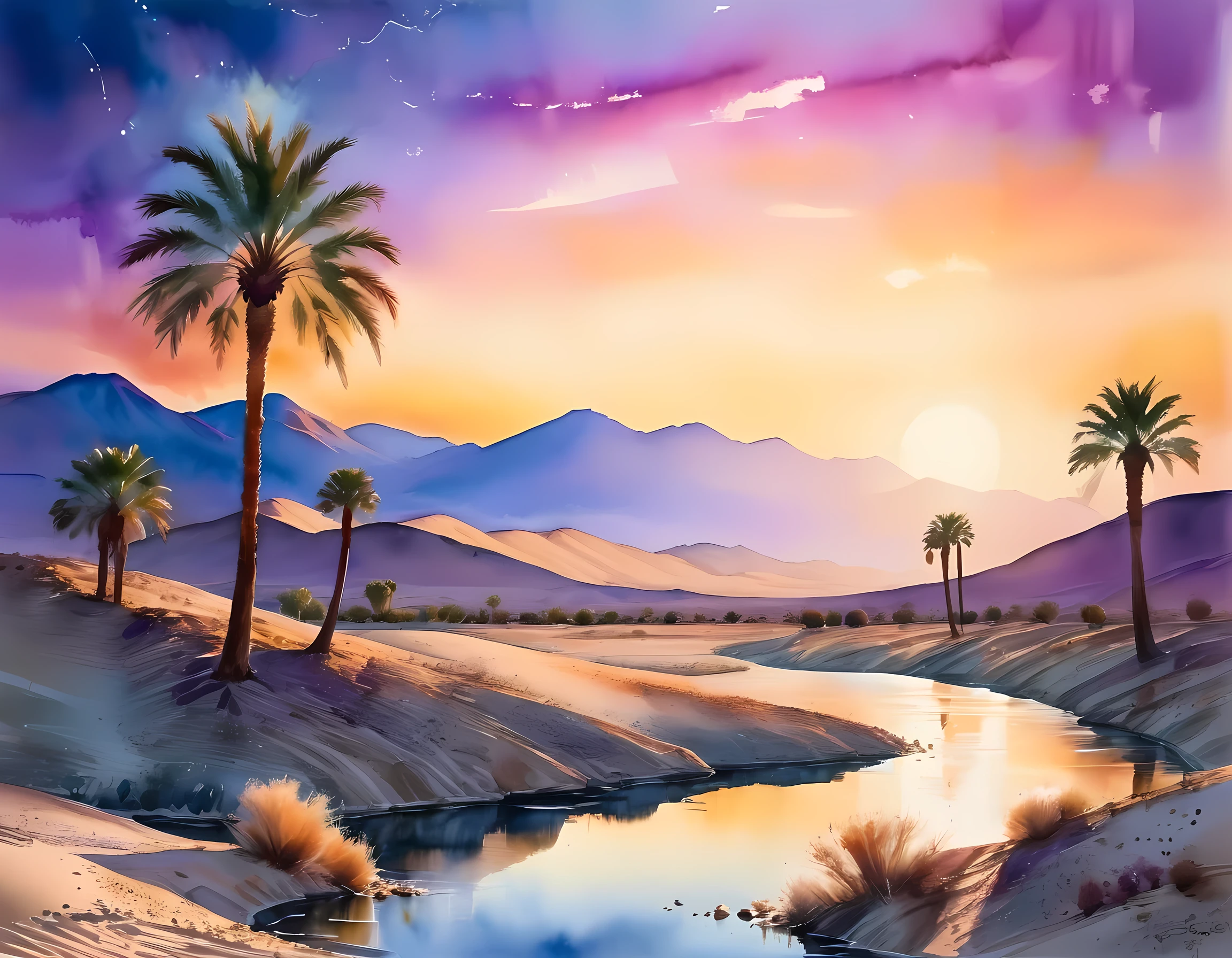 traditional watercolor painting (water color art: 1.5), an award wining, water color art, of an oasis (masterpiece, best detailed, best quality: 1.4) in the desert at sunset, there are some palm trees, and a small spring of water  (masterpiece, best detailed, best quality: 1.4), it is the time between night and day, there are some stars in the sky, and the sun is about to rise, the sky are in shades of, night, yellow and purple, first sun rays of dawn, rolling desert hills in the background, dynamic range, ultra wide shot, photorealism, depth of field, hyper realistic