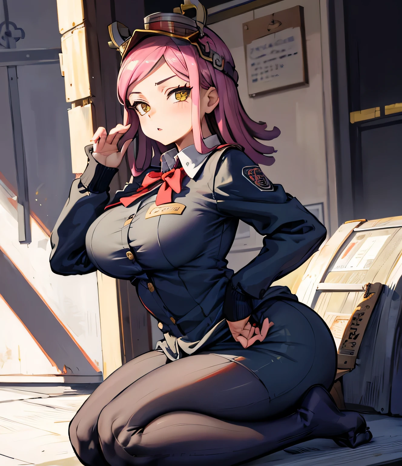 19 years old, (Hatsume Mei), Hatsume Mei, large breasts, triple D cup breasts, sexy, horny, round buttocks, bubbly buttocks, fit and strong, slender body, plump lips , my hero academia uniform ), full body showing, realistic, focus light and shadow, high contrast, ultra detailed shot, full body potrait, cinematic, full hd 1080 pxl