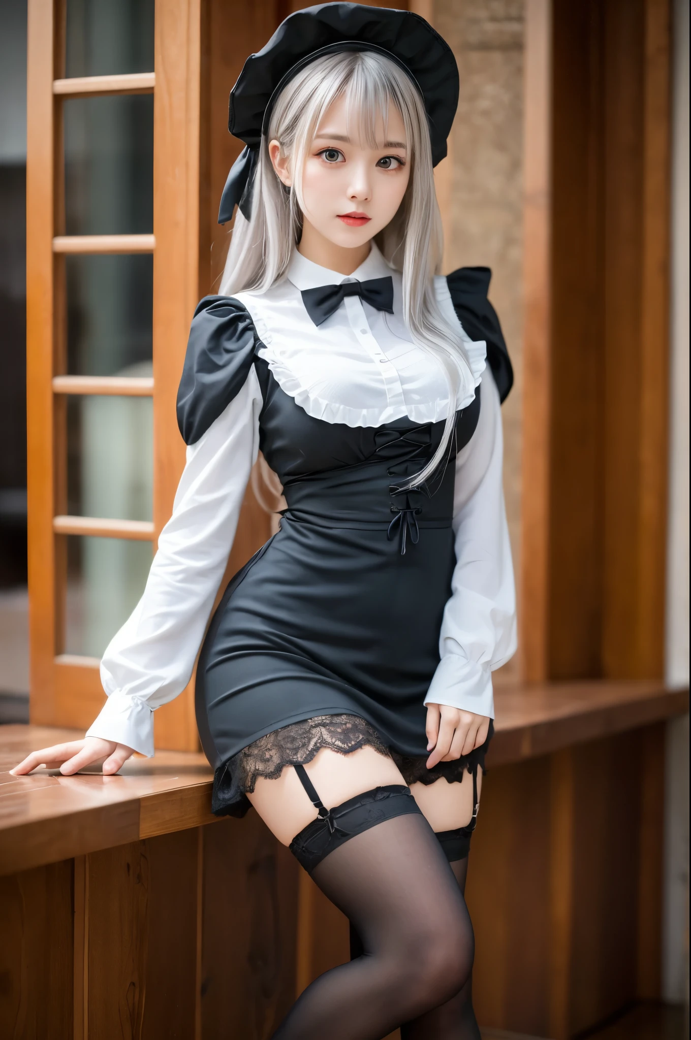 (((masterpiece))), (((highest quality: 1.4))), ((Super detailed: 1.4)) , ulzzang-6500-v1.1, (RAW Photos:1.2), (Realistic), (See through:1.3), (masterpiece), (Genuine:1.4), Very detailed, Sharp focus, Tensura:Luminous Valentine、One beautiful woman, ((Beautiful and shiny silver hair))、Fine grain、Detailed face、(Heterochromia iridis:1.4, Red Eye, blue eyes,), Gothic ta Maid Clothing、Knee-high stockings、
