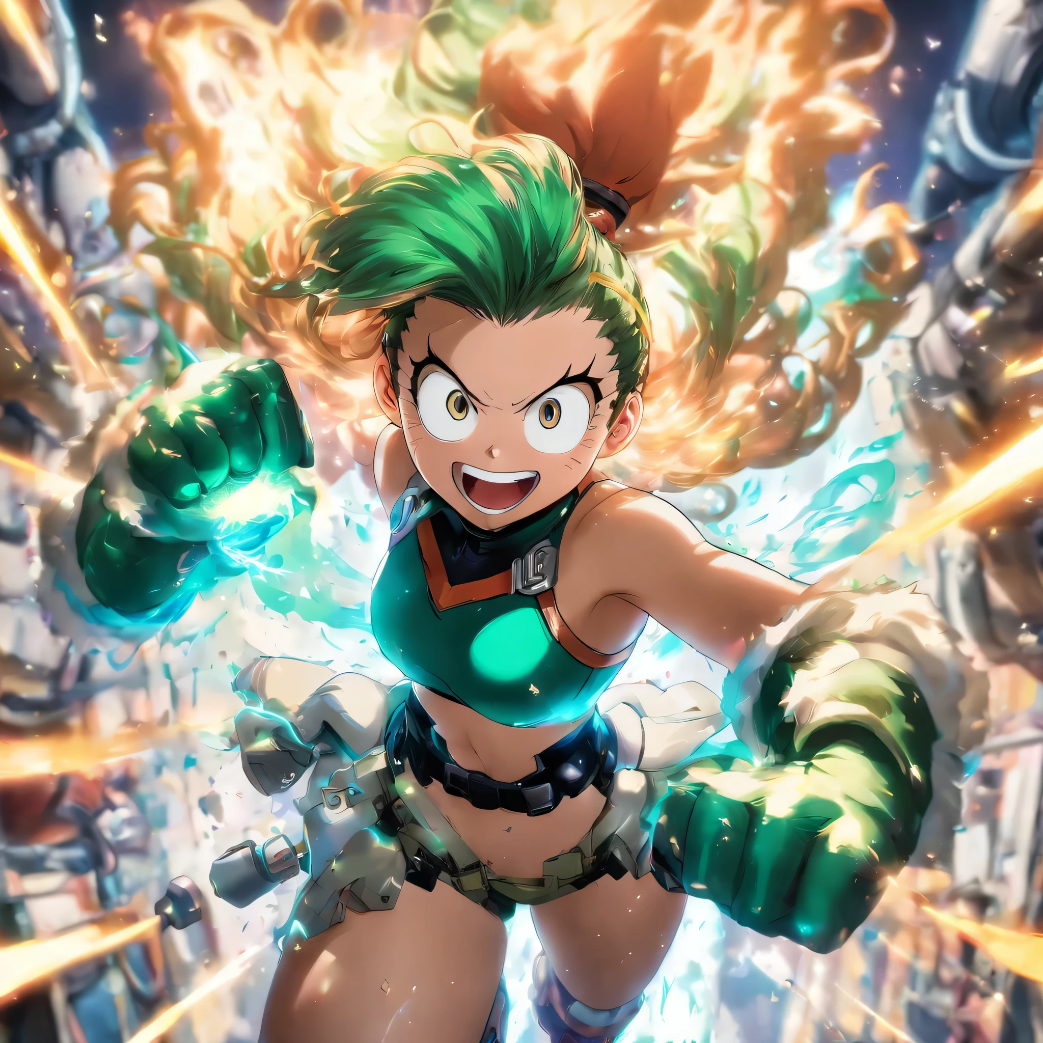 Hatsume Mei from my hero academia , 19 years old, large breasts, triple D cup breasts, sexy, horny, round buttocks, bubbly buttocks, fit and strong, slender body, plump lips, welding equipment, tools, workshop,