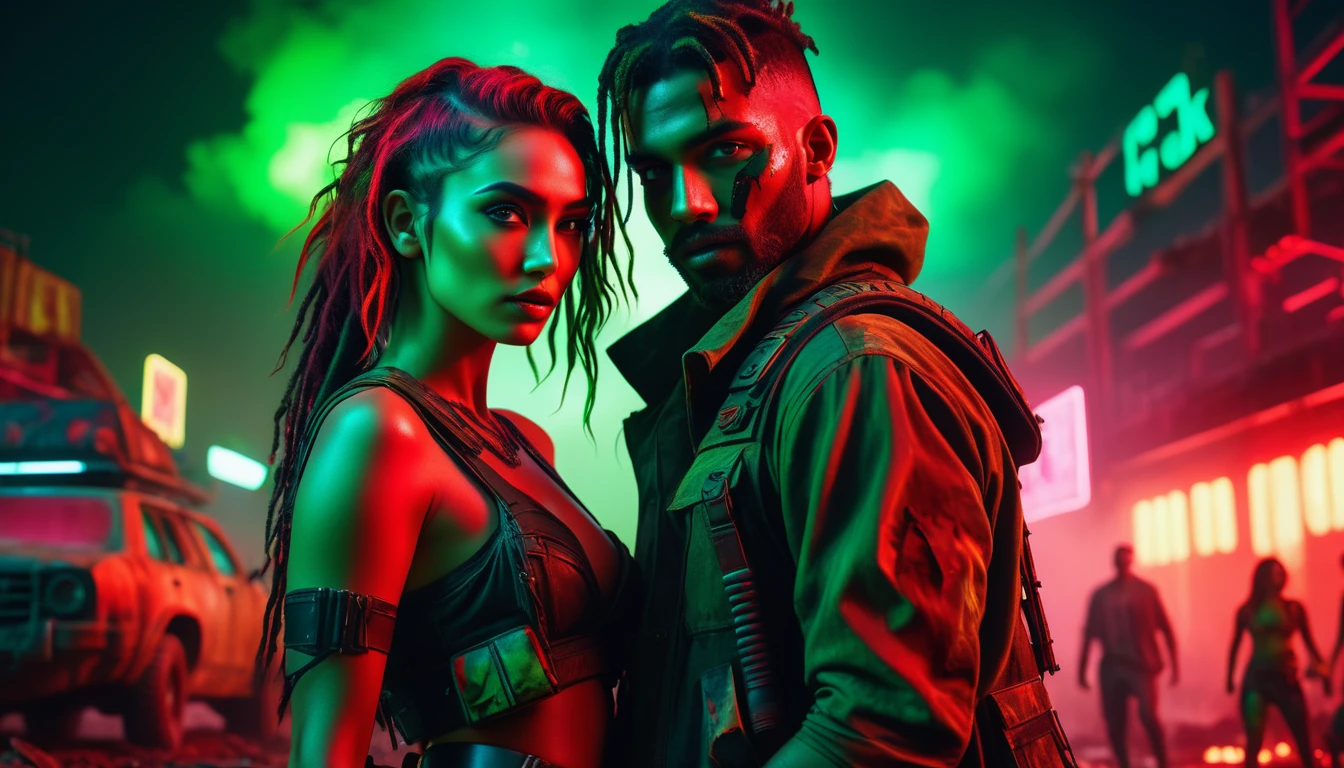 A post-apocalyptic couple looking at the camera, celebrating and dancing, bright red and green colors, highly detailed, cinematic, dramatic lighting, photorealistic, 8k, best quality, masterpiece, intricate details, vibrant colors, dynamic composition, expressive poses, beautiful Faces, exquisite fashion, atmospheric atmosphere, dark and dirty, neon lights, apocalyptic subtropical and dystopian landscape, futuristic technology, environmental storytelling, perfect face and body, detailed faces