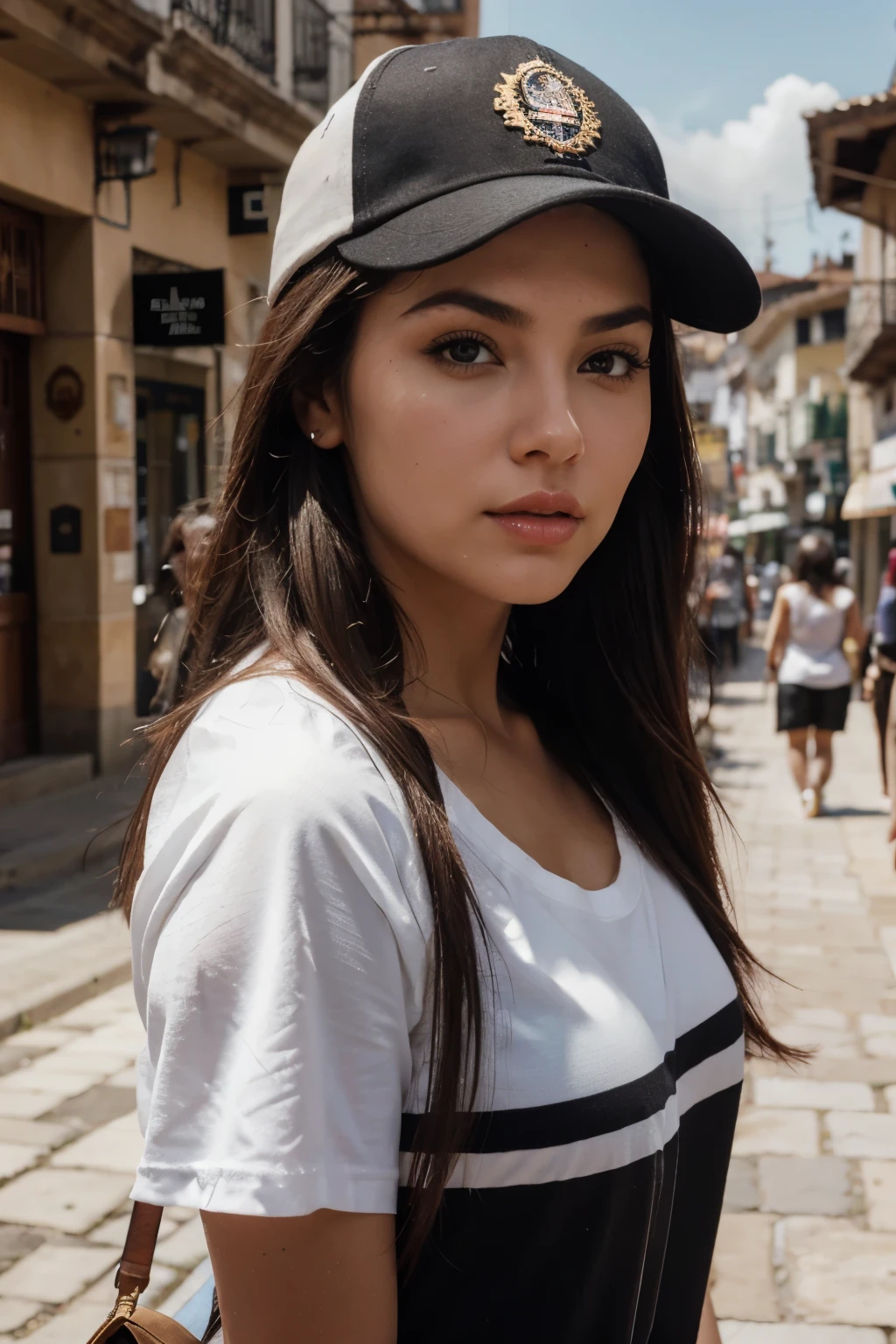 Christen Harper con una hermosa cara madura, cabello recogido, cejas grandes y tatuadas, con senos extra grandes. Mirando directamente al espectador, brunette, Representado de manera realista, wearing a black baseball cap and white t-shirt that complements his hair color, mostrando sus hombros y cuello, voluptuosa, con un bronceado acentuado y joyas elegantes, lipstick staining her lips, nariz definida, foto hiperrealista en un dia soleado en la ciudad de Cuenca colonial