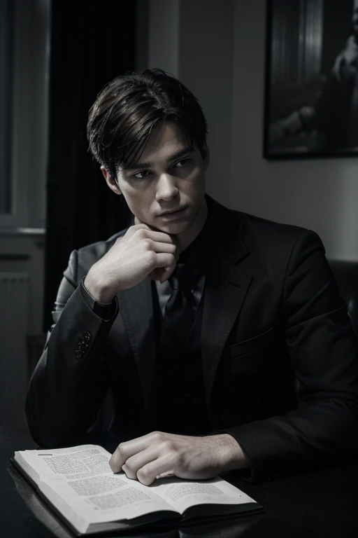 a young man in a black suit, serious facial expression, holding a bible, in his home, black and white, realistic, detailed face, detailed clothing, detailed home interior, natural lighting, cinematic, moody, dramatic, high contrast, masterpiece, (best quality,4k,8k,highres,masterpiece:1.2),ultra-detailed,(realistic,photorealistic,photo-realistic:1.37)