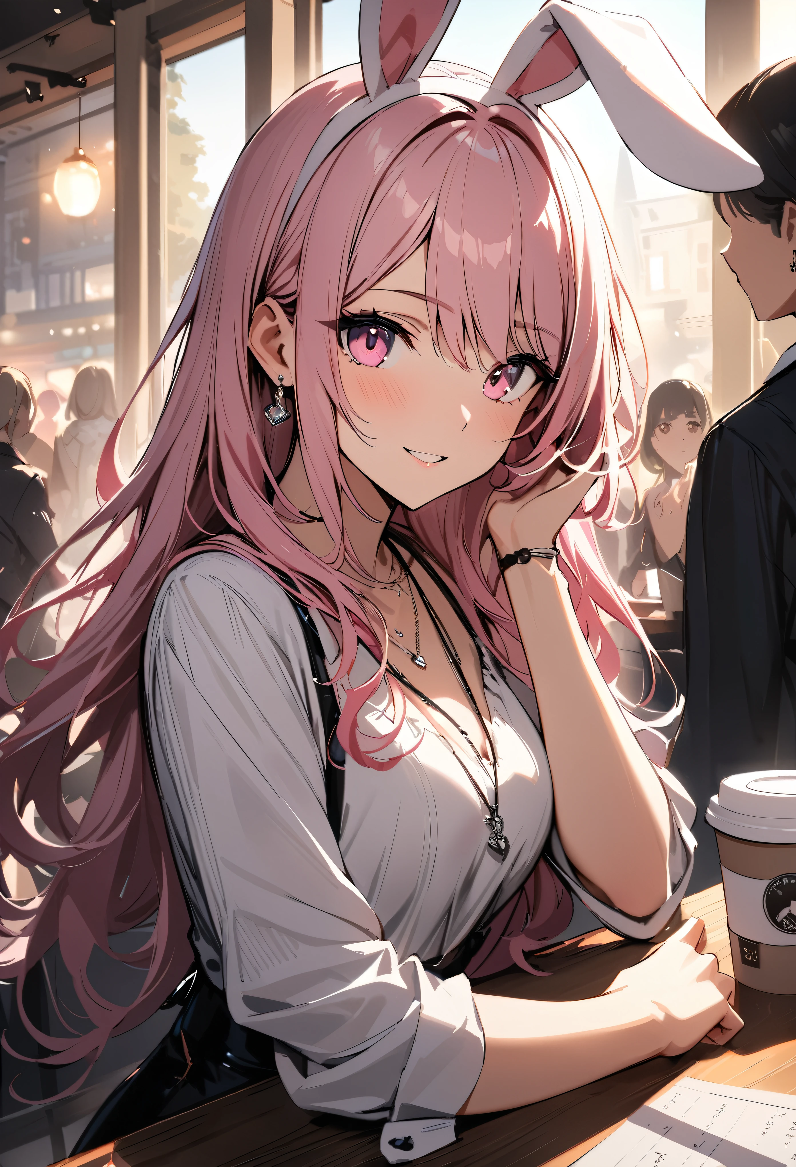 masterpiece, highest quality, Ultra high definition, Ultra-fine, 4K, 8k, highest quality, beautiful, Cute Woman, alone, (beautiful pink hair, beautiful pink eyes, beautiful eyes, Long Hair, Bunny ears, smile),
Break A cozy cafe scene, Coffee on the table, food, Coffee cup, Crowd in the background,
Breaking Prada, necklace, Earrings, accessories, bag,
Great lighting, bloom, Exceptional resolution, Super detailed, highest quality, High resolution, Audio Notes,