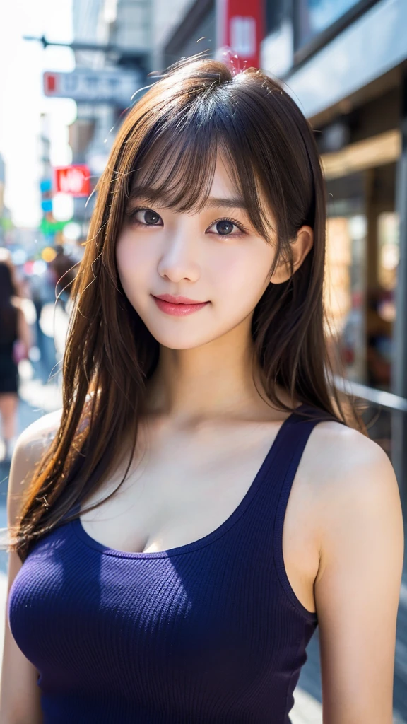 (best quality, 8k, 32k, masterpiece, UHD:1.2), ultra high resolution, (pretty a Korean  girl), portrait, medium breasts, cleavage, semi long brown hair, bangs, beautiful detailed eyes, dark make-up, light smile, (wearing purple tank-top), (crowded city street on sunny day:1.3), (detailed background:1.5)