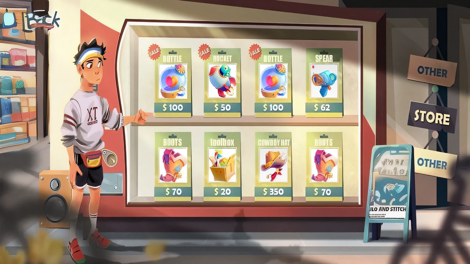 Cartoon people standing in front of the store,Various items are displayed in the store, Magical weapons display case, Magic items shop, Stylized game art, Game User Interface, Game User Interface asset design, mobile game asset, game interface, Great Vendor Interiors, Object Art, Hot game graphics, High-quality screenshots, Stylized art, stylized concept art, Mobile game art