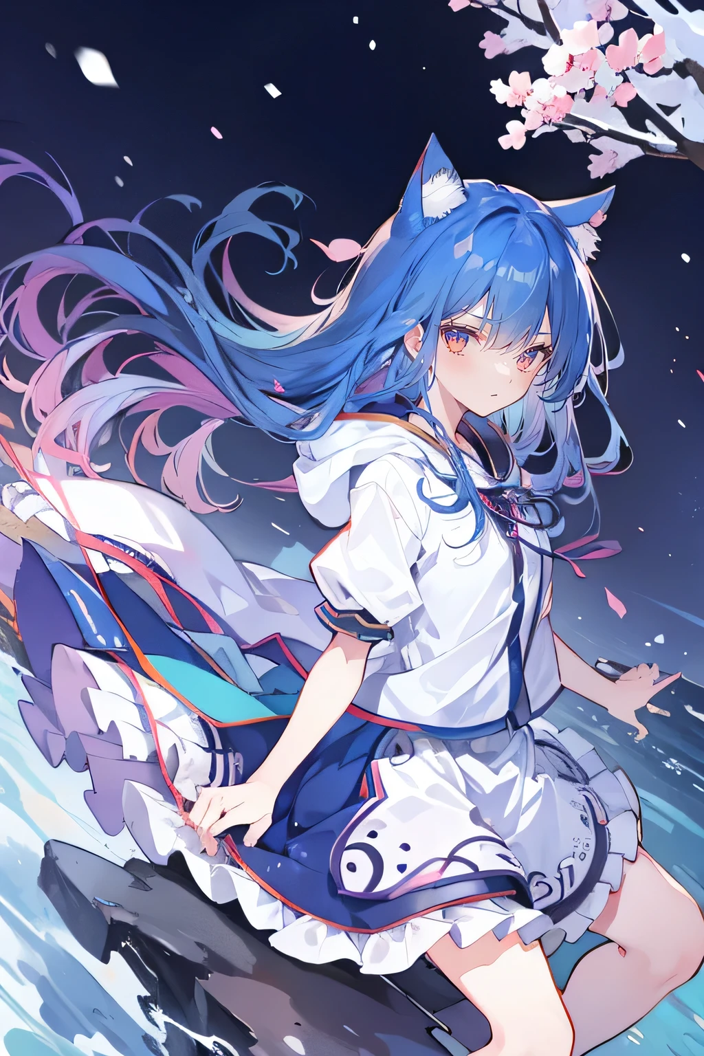 (masterpiece:1.2),Super detailed,lifelike,Expressive eyes,fair skin,perfect face shape,1 girl,
Japanese comics,Gorgeous blue hair,flowing blue hair,flowing clothes,Cat ears,Petals fall,beautiful lola,Baby Angel,sunrise,
Shaking head with one hand,Cross your legs,Gentle and peaceful background,The pavilion is cool and comfortable,smile, wearing hoodie, background of tokyo,back views,snowing, winter.