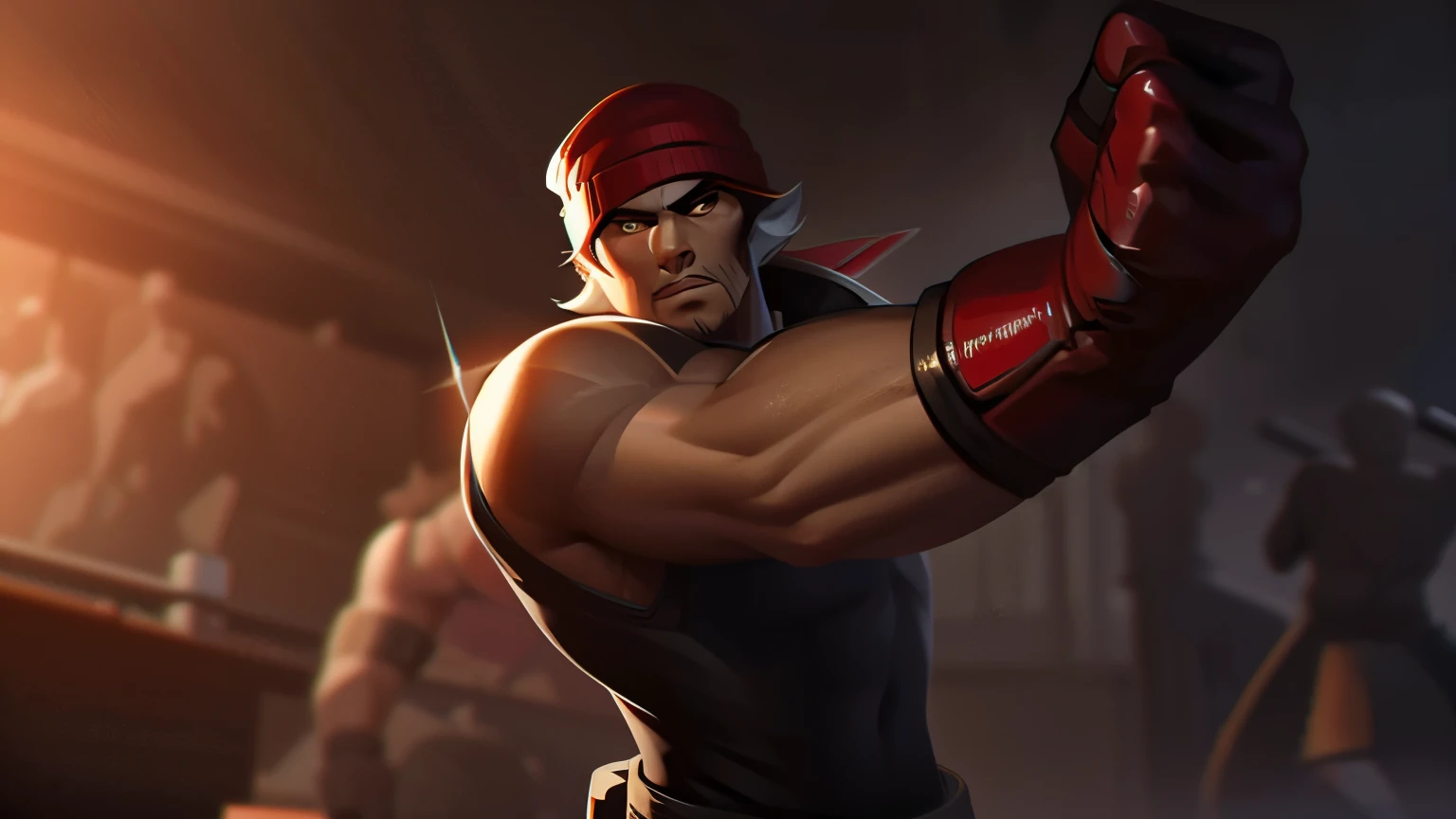 splash art punching league of legends style male sett heartsteel, muscular man leather vest with cur collar, red short hair with beanie and cat ears, street wear figerless leather gloves