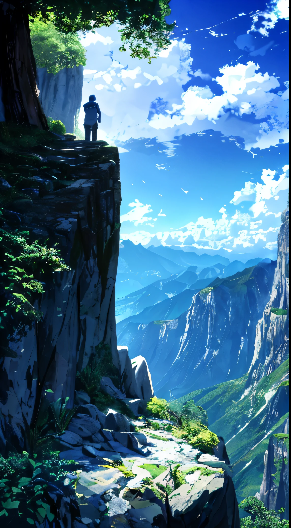 there is a guy standing on a rock looking out over the mountains, on the top of a mountain, on top of a mountain, looking at the mountains, at the top of a mountain, in mountains, standing atop a dusty mountaintop, man standing facing away, standing alone, standing on mountain, sitting on rocks, high in mountains(man seeing greenery view)(bright blue shinning sky)(borkeh effect)