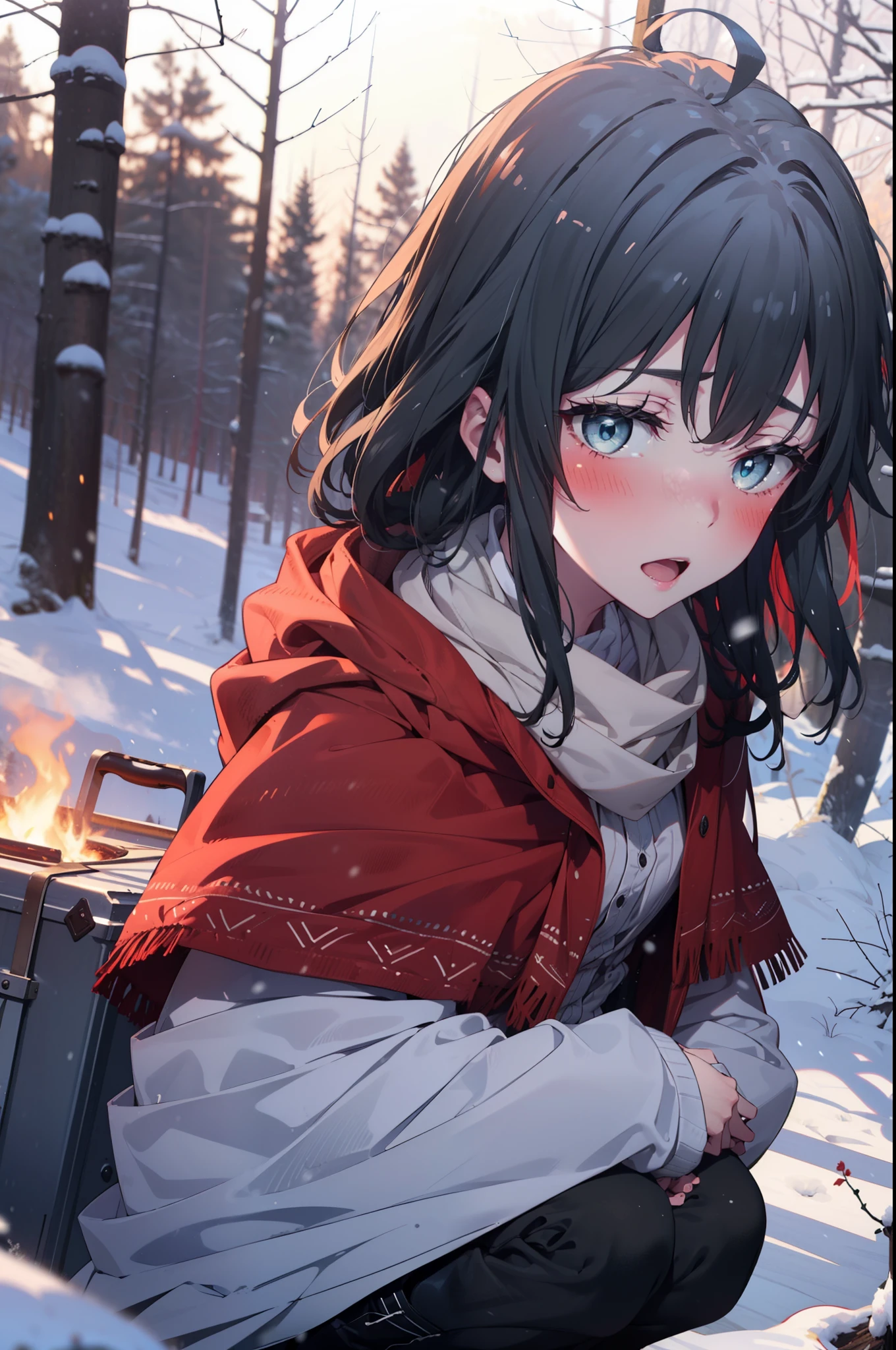 yukinoyukinoshita, yukino yukinoshita, Black Hair, blue eyes, Long Hair, Ahoge,smile,blush,White Breath,
Open your mouth,snow,Ground bonfire, Outdoor, boots, snowing, From the side, wood, suitcase, Cape, Blurred, Increase your meals, forest, White handbag, nature,  Squat, Mouth closed, フードed Cape, winter, Written boundary depth, Black shoes, red Cape break looking at viewer, Upper Body, whole body, break Outdoor, forest, nature, break (masterpiece:1.2), highest quality, High resolution, unity 8k wallpaper, (shape:0.8), (Beautiful and beautiful eyes:1.6), Highly detailed face, Perfect lighting, Highly detailed CG, (Perfect hands, Perfect Anatomy),