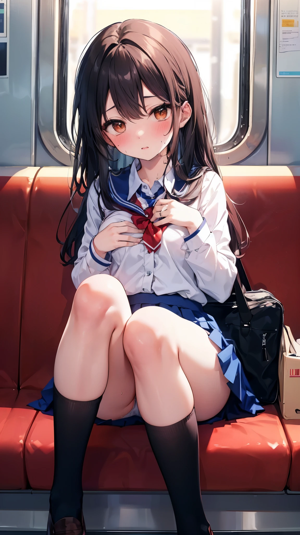 NSFW,4K,Gal:1.3,Anatomically correct,school uniform:1.3,A pure and innocent girl, Very cute face, Like an idol, (masterpiece:1.2), (high quality), panties, loose socks, Hip, Blue Skirt, alone, Blazer Type, loose socks, Lifting clothes, Brown eyes, pure gaze, mini skirt, Lift yourself up, Check skirt, blush,((Mid-chest)), (Sweating profusely), Long Hair, physical education, Beautiful legs, ((in the train))