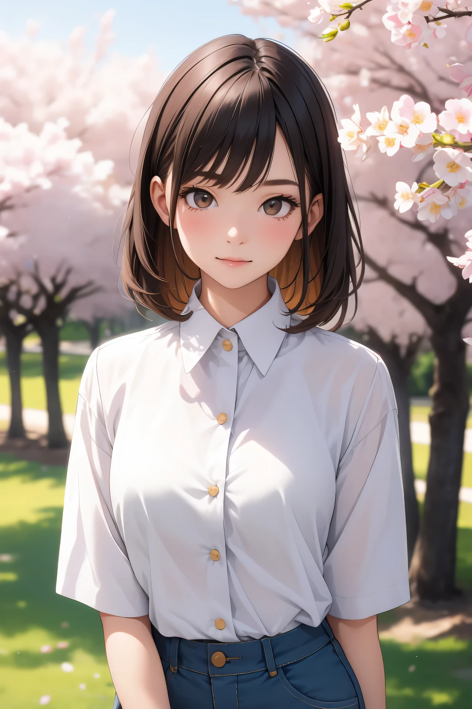 A girl in an open white shirt with a cherry pattern under a cherry tree