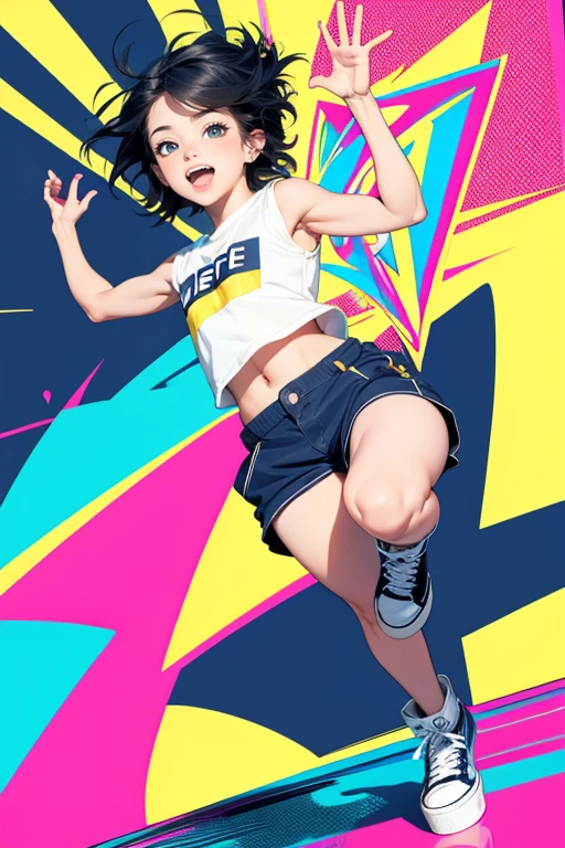 popart style,flat color,Dance,Artistic jump,break dance,Strenuous movements,vibrancy,dance stage is wet,solo,Fluttering hair,Cute Baby,a small face,hason,15yo,Bright smile,half-open mouth,(navy hair,wavy short hair),(Cropped cargo pants,white Tee,platform sneakers),(delicate detailed fingers,Detailed body,detailed arms,5finger),(beautiful Detailed face),dynamic pose,