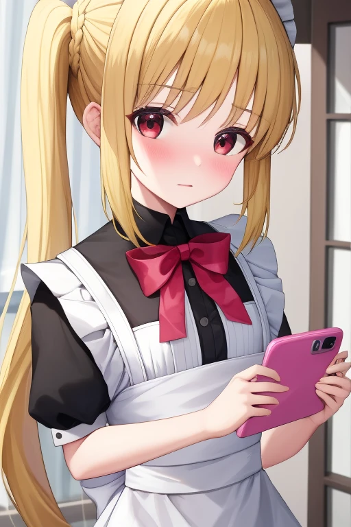 (masterpiece, highest quality:1.2), Blonde girl with red eyes,
 Side Ponytail, Full Bang,maid costume,holding a phone
,Embarrassed, School, 
Super detaileded, highest quality, Expressive eyes, Perfect Face, super high quality, Super detailed