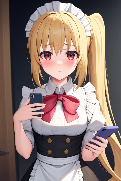 (masterpiece, highest quality:1.2), Blonde girl with red eyes,
 Side Ponytail, Full Bang,maid costume,holding a phone
,Embarrassed, School, 
Super detaileded, highest quality, Expressive eyes, Perfect Face, super high quality, Super detailed