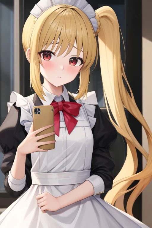 (masterpiece, highest quality:1.2), Blonde girl with red eyes,
Side Ponytail, Full Bang,maid costume,holding a phone
,Embarrassed, School,
Super detaileded, highest quality, Expressive eyes, Perfect Face, super high quality, Super detailed