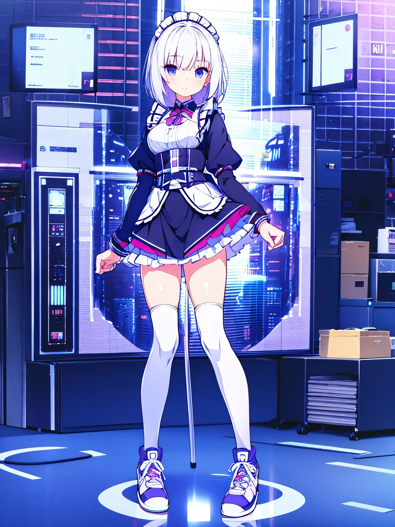 a beautiful woman, white hair with blue highlights, (((Full body))), Egirl makeup, ((White Hair with Blue Highlights)), hair accessories, shorth hair, cute face, face detailed, blue eyes, (((micro skirt))), (((Full Body, perfect hand, perfect face))), (((classroom))), cyberpunk, White hair, beautiful outfit, (((Purple, cyberpunk)))), animal ears, perfect face, Glowing Purple, GlowingRunes_purple, ((spread crotch))