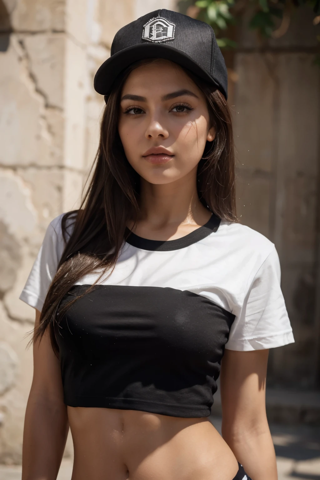Christen Harper con una hermosa cara madura, cabello recogido, cejas grandes y tatuadas, con senos extra grandes. Mirando directamente al espectador, brunette, Representado de manera realista, wearing a black baseball cap and white t-shirt that complements his hair color, mostrando sus hombros y cuello, voluptuosa, con un bronceado acentuado y joyas elegantes, lipstick staining her lips, nariz definida, foto hiperrealista en un dia soleado en la ciudad de Cuenca colonial