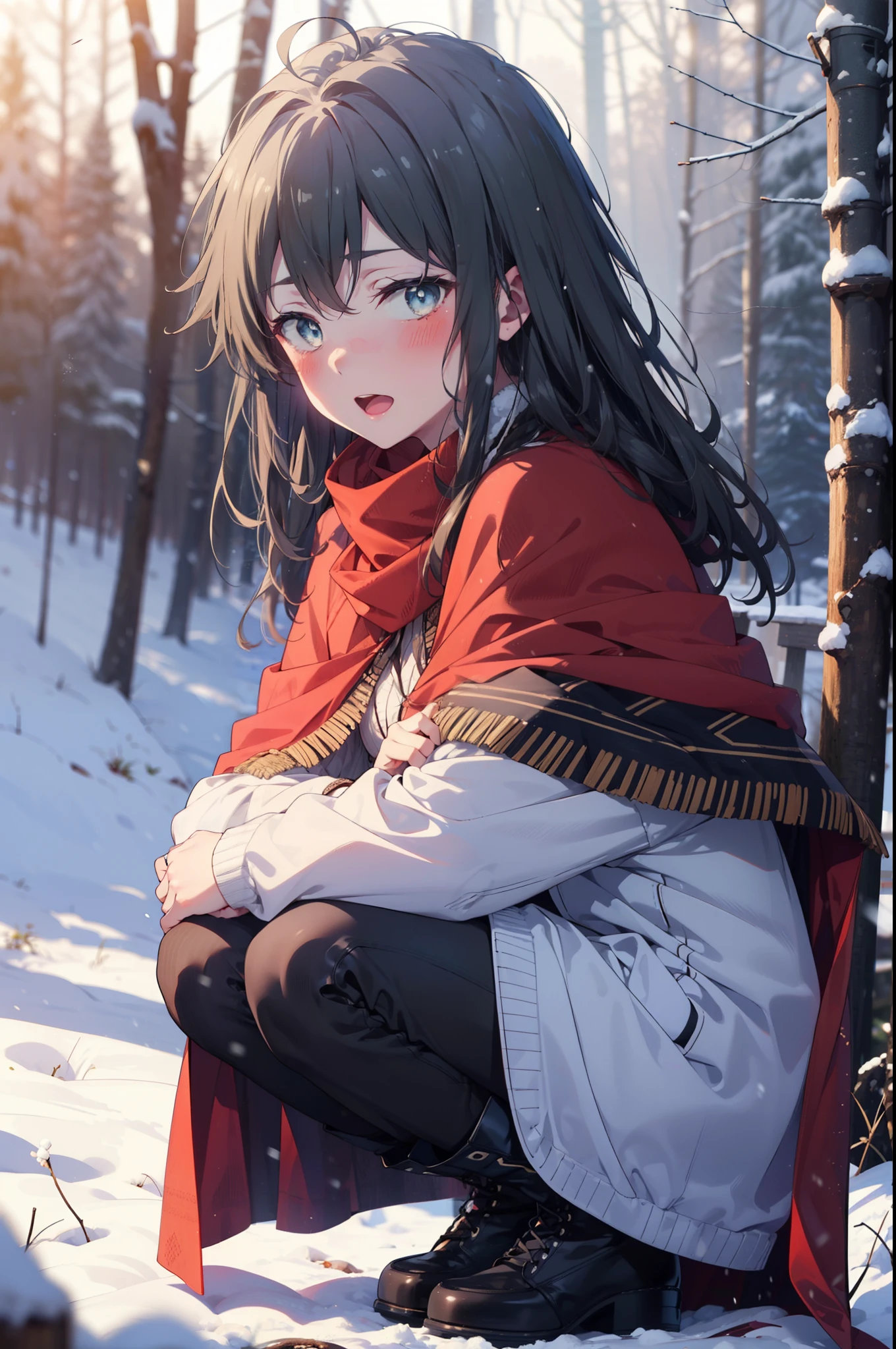 yukinoyukinoshita, yukino yukinoshita, Black Hair, blue eyes, Long Hair, Ahoge,smile,blush,White Breath,
Open your mouth,snow,Ground bonfire, Outdoor, boots, snowing, From the side, wood, suitcase, Cape, Blurred, Increase your meals, forest, White handbag, nature,  Squat, Mouth closed, フードed Cape, winter, Written boundary depth, Black shoes, red Cape break looking at viewer, Upper Body, whole body, break Outdoor, forest, nature, break (masterpiece:1.2), highest quality, High resolution, unity 8k wallpaper, (shape:0.8), (Beautiful and beautiful eyes:1.6), Highly detailed face, Perfect lighting, Highly detailed CG, (Perfect hands, Perfect Anatomy),