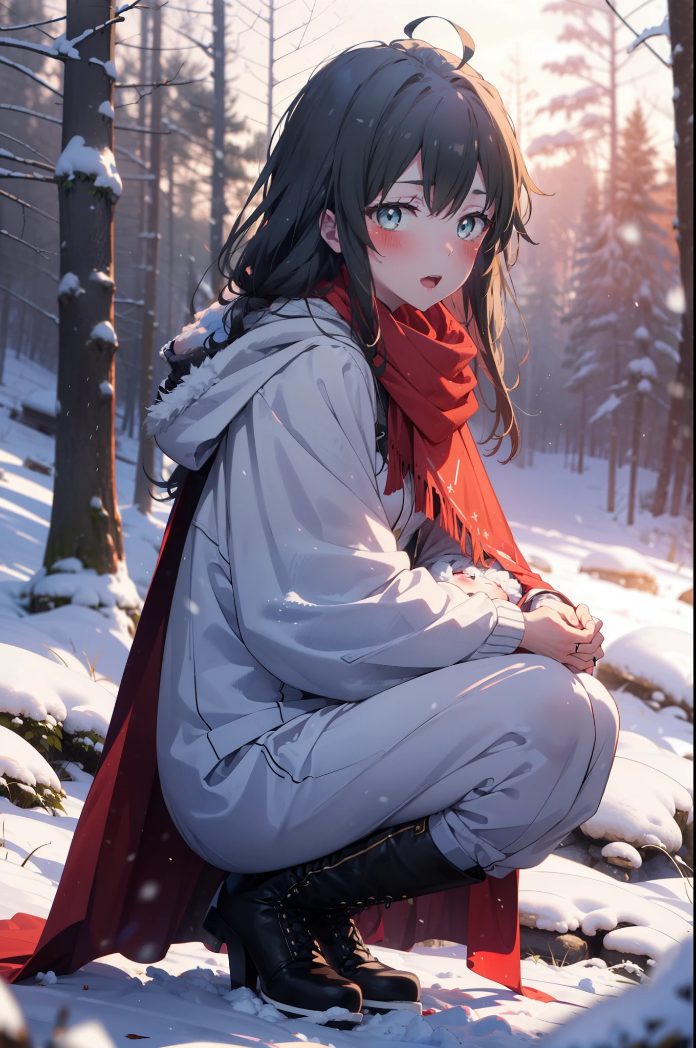 yukinoyukinoshita, yukino yukinoshita, Black Hair, blue eyes, Long Hair, Ahoge,smile,blush,White Breath,
Open your mouth,snow,Ground bonfire, Outdoor, boots, snowing, From the side, wood, suitcase, Cape, Blurred, Increase your meals, forest, White handbag, nature,  Squat, Mouth closed, フードed Cape, winter, Written boundary depth, Black shoes, red Cape break looking at viewer, Upper Body, whole body, break Outdoor, forest, nature, break (masterpiece:1.2), highest quality, High resolution, unity 8k wallpaper, (shape:0.8), (Beautiful and beautiful eyes:1.6), Highly detailed face, Perfect lighting, Highly detailed CG, (Perfect hands, Perfect Anatomy),