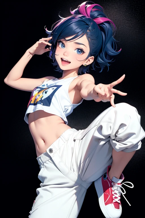 popart style,flat color,Dance,Artistic jump,break dance,Strenuous movements,vibrancy,dance stage is wet,solo,Fluttering hair,Cute Baby,a small face,hason,16yo,Bright smile,half-open mouth,(navy hair,wavy short hair),(Cropped cargo pants,white Tee,platform sneakers),(delicate detailed fingers,Detailed body,detailed arms,5finger),(beautiful Detailed face),dynamic pose,