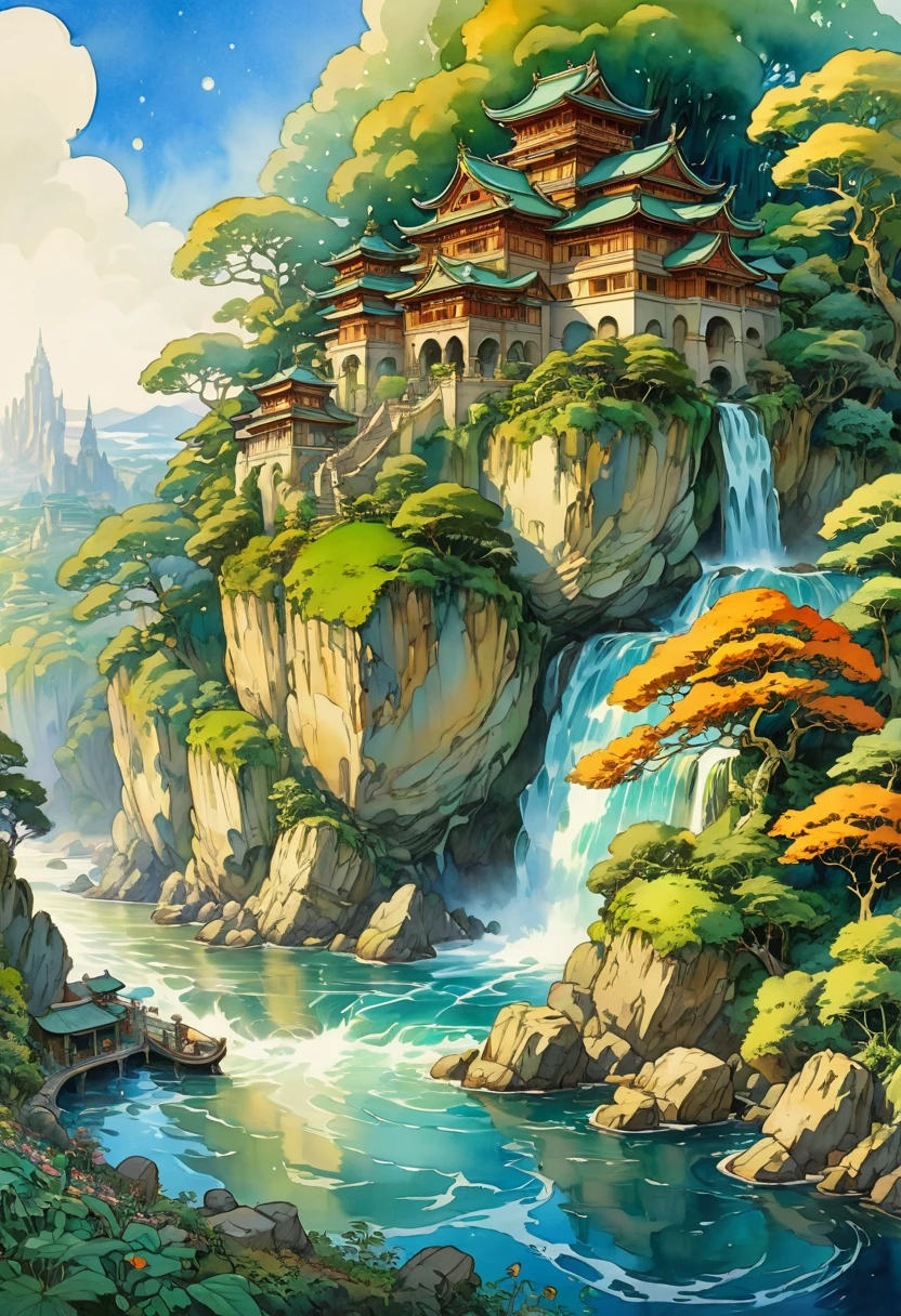 Watercolor Landscape, by Studio Ghibli and Alphonse Mucha, best quality, masterpiece, very aesthetic, perfect composition, intricate details, ultra-detailed